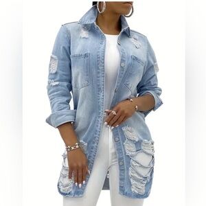 Blue Oversized Distressed Jean Jacket